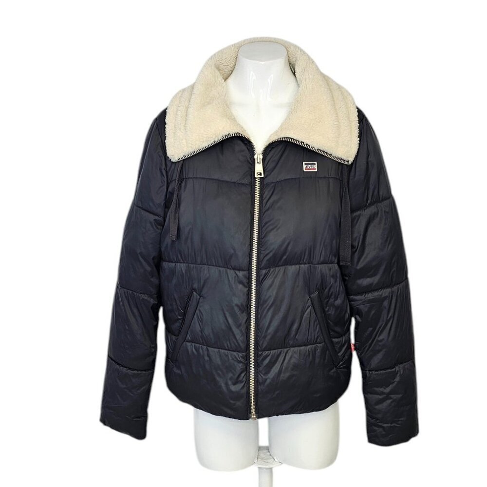 Levi's Womens Faux Shearling Lined Nylon Puffer Jacket, Black, Zip Up, Size S